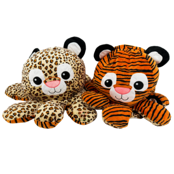 Wendeplüsch-Oktopus als 2-in-1: Leopard-Muster und Tiger-Streifen, Ø ca. 63 cm